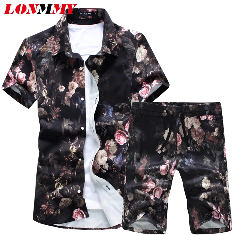 LONMMY 5XL рубашки с цветочным принтом мужские camisa мужские с коротким рукавом тонкие цветочные рубашки+ шорты винтажные повседневные мужские рубашки наборы Новая мода лето