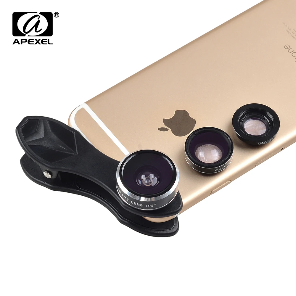 APEXEL fisheye 3in1 объектив камеры Kit 198 Fisheye + 0.63x Широкий формат и 15X макрообъектив для iPhone