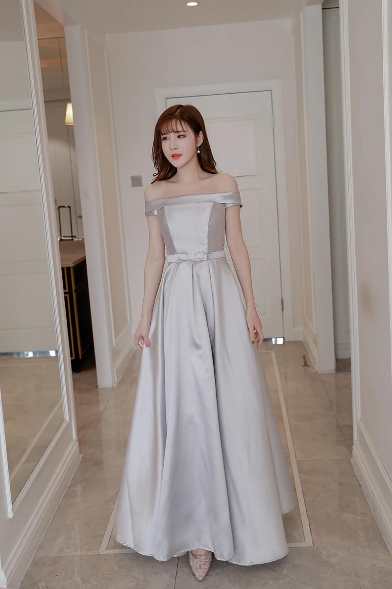 

Grey Colour Satin Sleeveless Long Dress Bridesmaid Dress Wedding Party Dresses for Women Back of Bandage
