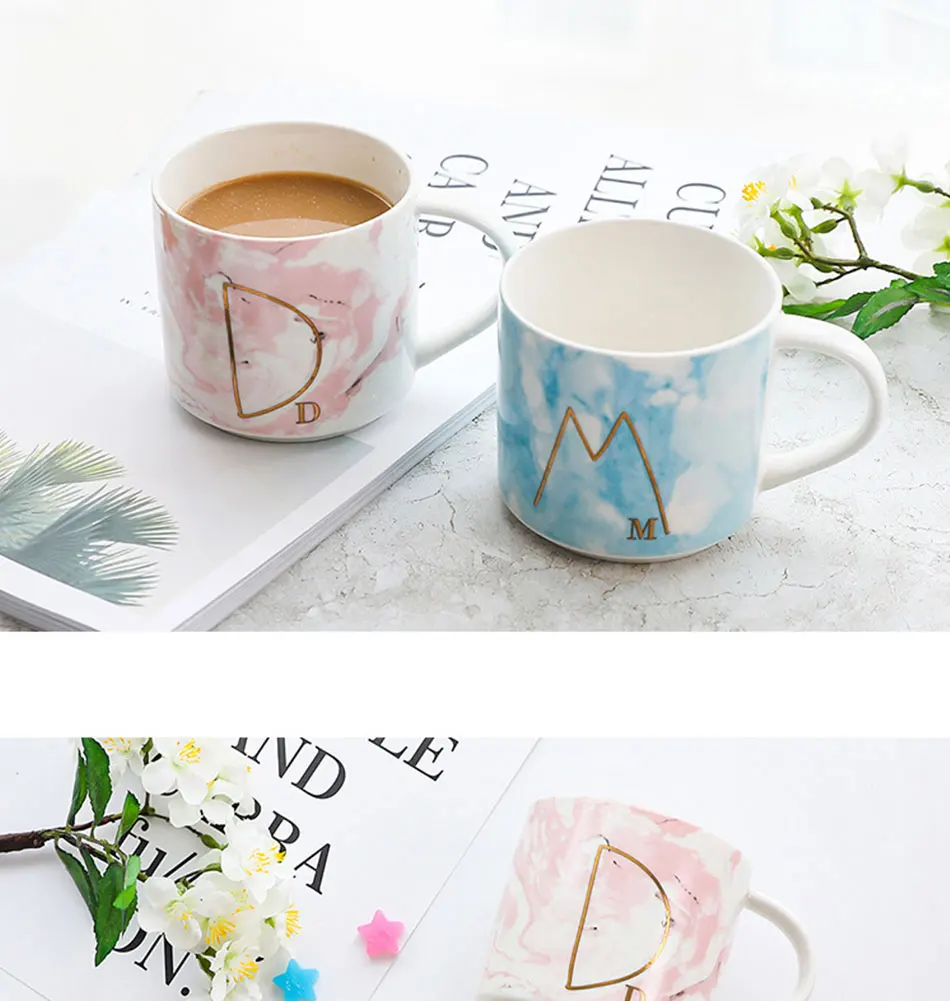 Lovely Marble Ceramic Mugs Gold Plating Letter Couple Lover's Gift Morning Mug Milk Coffee Tea Breakfast Unique Porcelain Cup (6)