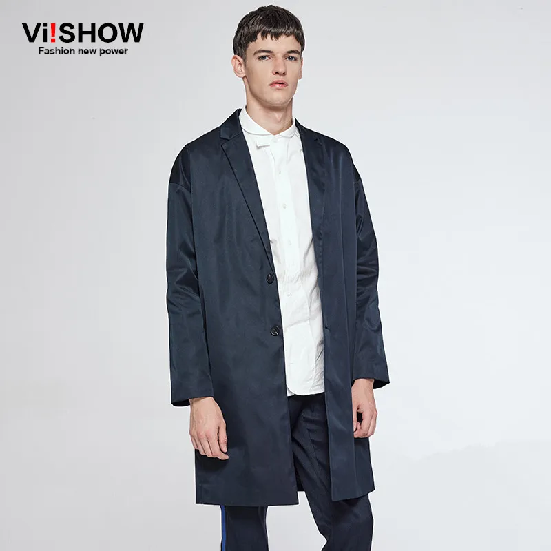VIISHOW Men's Thin Casual Trench Coat Long Style Navy
