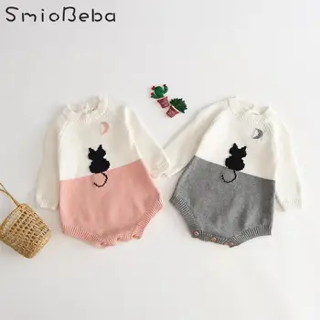 

Ins Hot Selling Baby Knitted Jumpsuit Pure Cotton Sweater Pink Long Sleeve Rompers with Cat Autumn Crawling Suit Buttercoat Kid