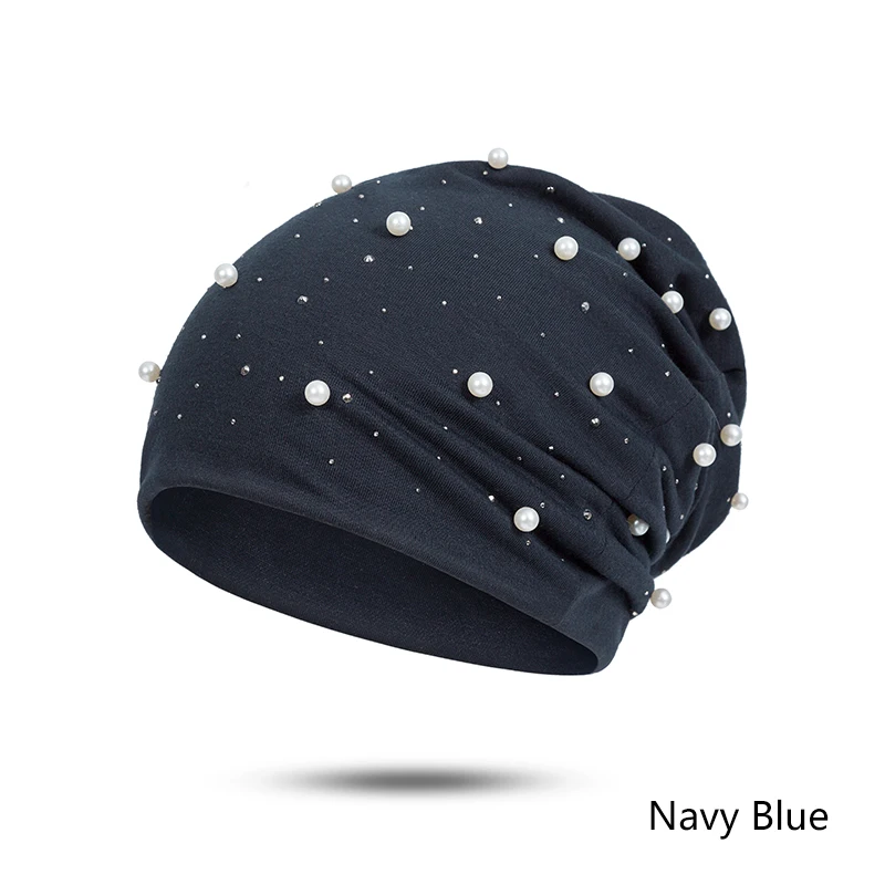 navy blue Модная однотонная женская шапка с жемчугом, зимняя женская шапка, мягкая шапка, теплая хлопковая шапка с капельками - Цвет: navy blue
