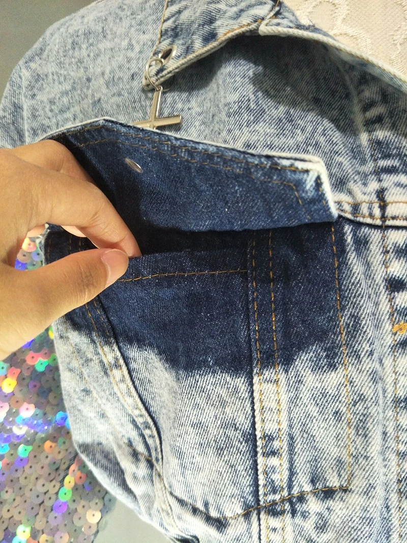 Модная Джинсовая куртка, ручная работа, женские джинсы с блестками ...