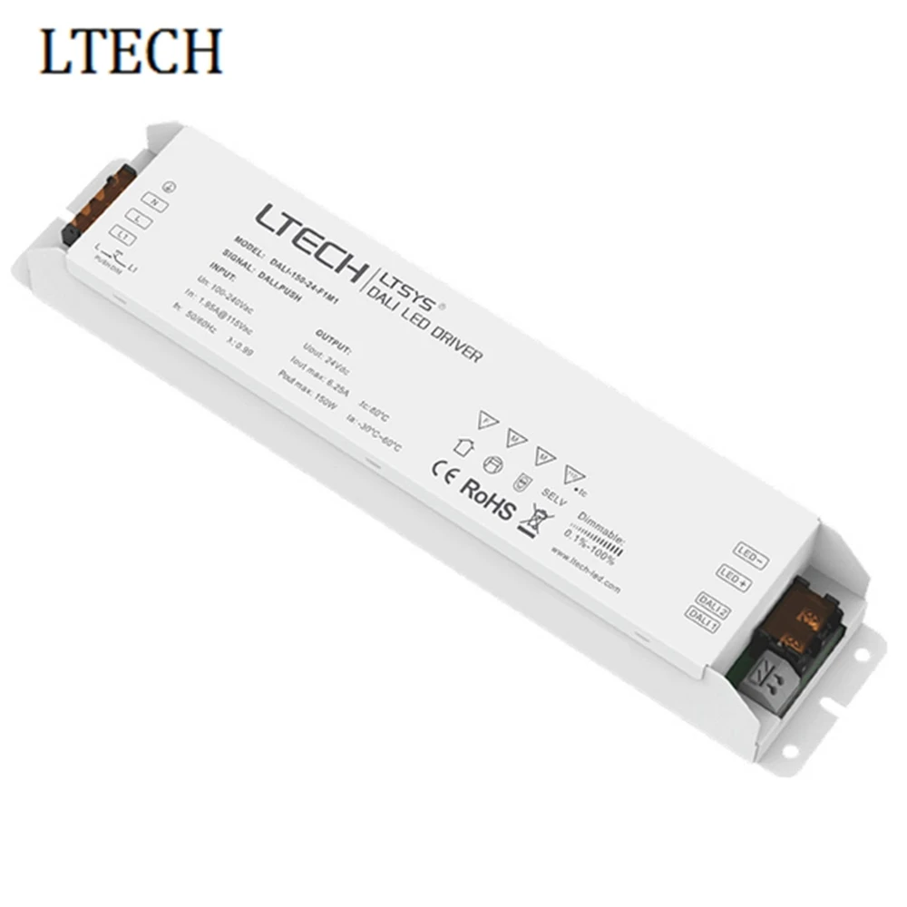 

LTECH DALI Led Dimming Driver,DALI-150-24-F1M1;AC100-240V input;DC 24V 6.25A 150W output;Push button Dimmer