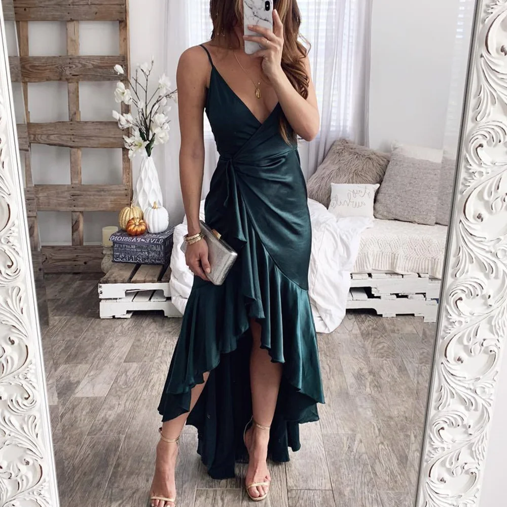 Summer Dress Women Sexy Strap Long Vestidos Elegant V-neck Dress Women Asymmetrical Trumpet Floor-Length Casual Party Dress