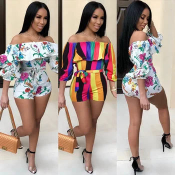 

Women's jumpsuits & rompers white flower striped sexy ruffle half sleeve jumpers European and American style for ladies