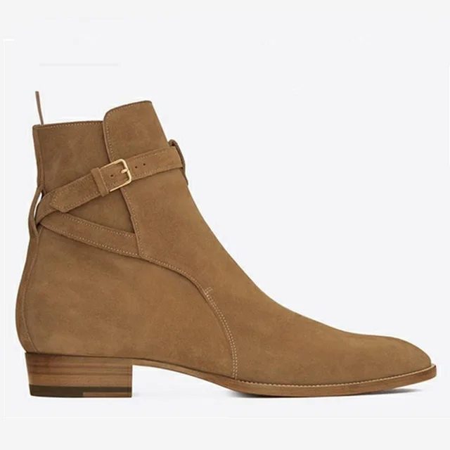 Male Chelsea Pointed Toe Wyatt Buckle Strap Men Suede Chelsea Boots
