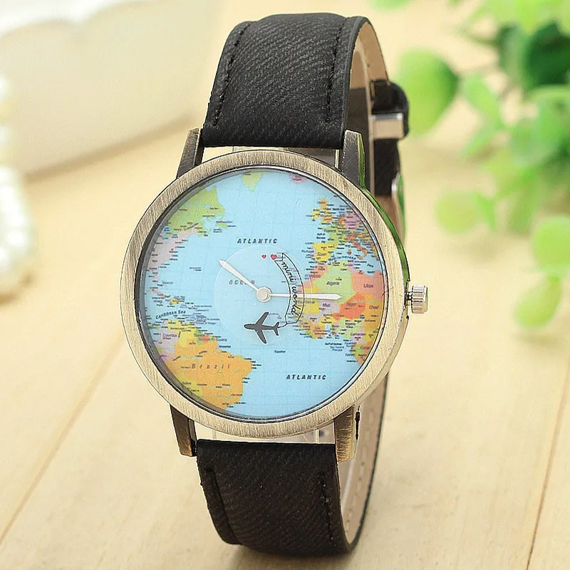 

2019 Hot Fashion Global Travel By Plane Map Quartz Watch Women Dress Leather Watch Denim Fabric Band Reloj de damaWd3 sea