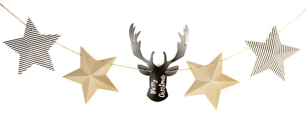

Buck Deer Head with Striped and Dotted Stars Garland Animal Antler Bedroom Kitchen Den Fireplace Wall Hanging Christmas Decor