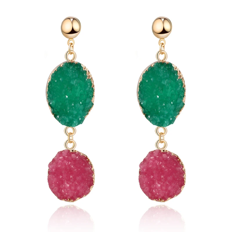 

1Pair Bohemia Earrings Handmade Resin Stone Earings For Women Jewelry Druzy Drusy Round Oval Drop Earing Long EarringsE156