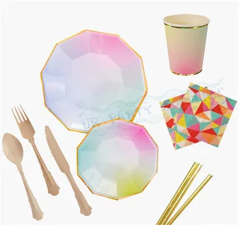 

24 Sets Pastel Rainbow Tableware Party Supplies Dessert Plates Paper Cups Dinner Napkins Birthday Glam Party Wedding Party Kits