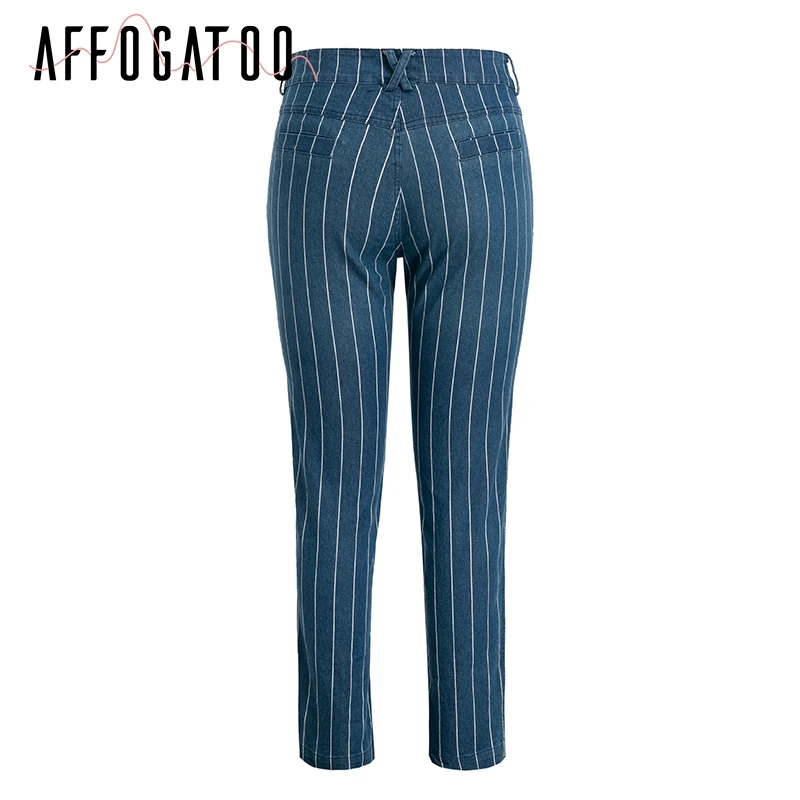 Affogatoo Sexy stripe denim women zipper pants Fashion pocket blue jeans women Casual streetwaer skinny slim autumn trousers