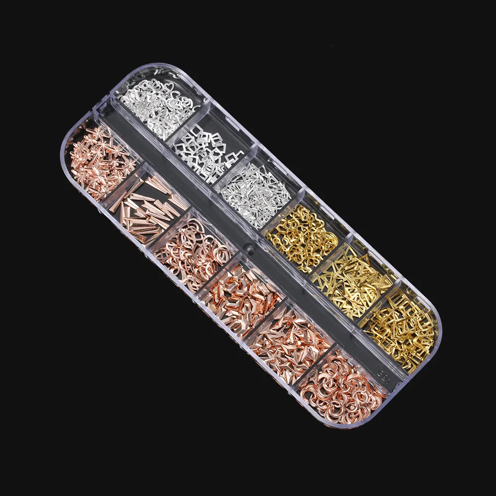 12 решеток/коробка смешанного размера 3D полые металлические золотые серебряные блестки для ногтей металлические овальные звезды оболочки шпильки DIY маникюр Дизайн ногтей декорации