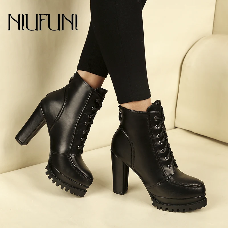 

Solid Color PU Leather Platform Ankle Strap Boots Women Zip Martin Boots Spring Autumn Shoe Women Chaussures Femme Western Boots