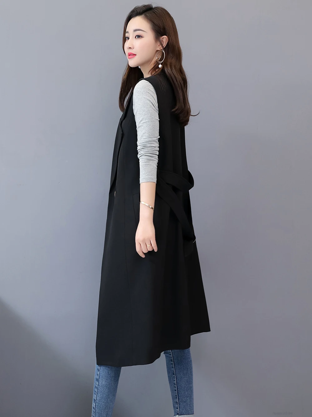 Shrug Down Sans Lâche Printemps Pour Noir Moyen Manches Bleu Col Gilet Turn Femmes blue Ceinture Femme Black Nouveau Poches Débardeurs Longueur IY7mgvyf6b