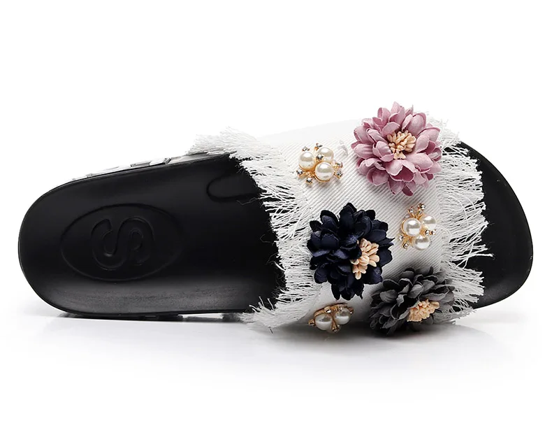 Г., летняя модная женская пляжная обувь женские шлепанцы женская обувь из джинсовой ткани сандалии с цветами и жемчугом дышащая удобная обувь