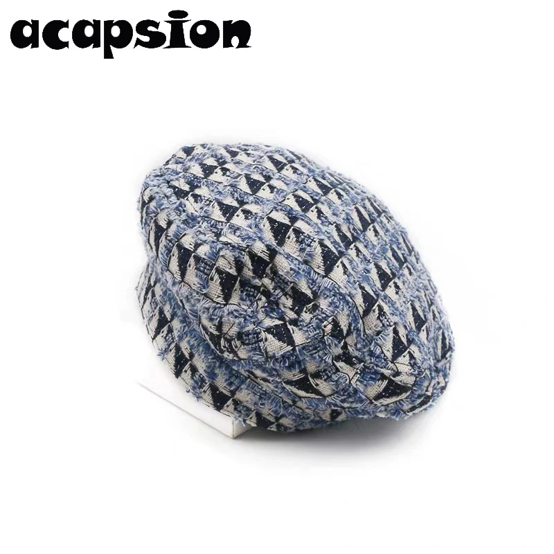 

Women Berets Houndstooth Tweed Plaid Beret Hat Flat Top French Artist Painter Hats For Girls Boinas Para Mujer Female Beret A039