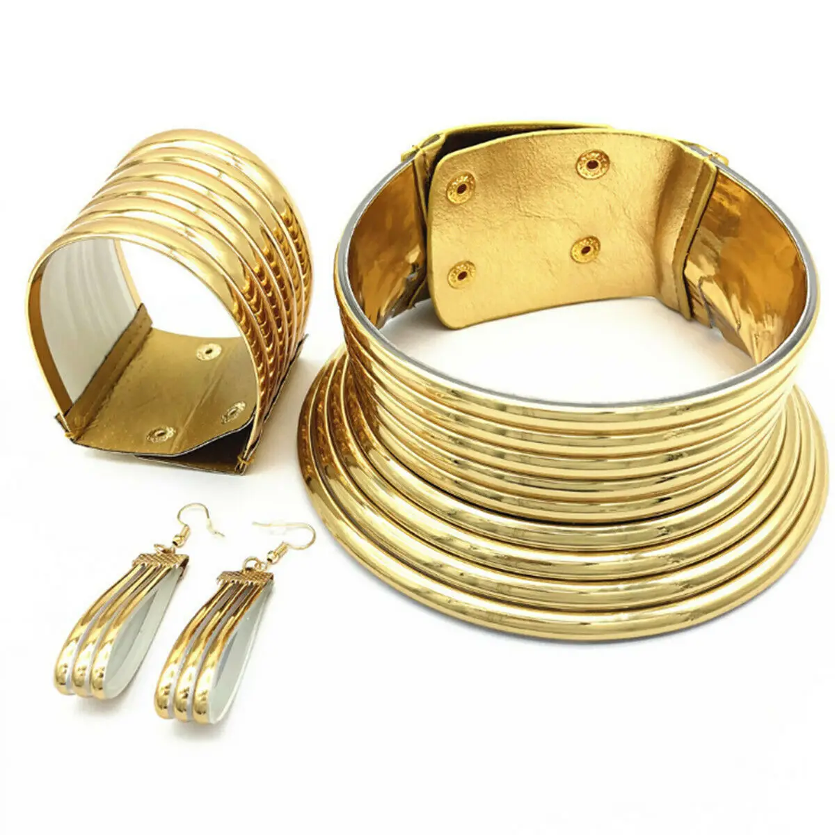 

1 Set Women Retro Choker African Coil Collar Gold Necklace Set Jewelry