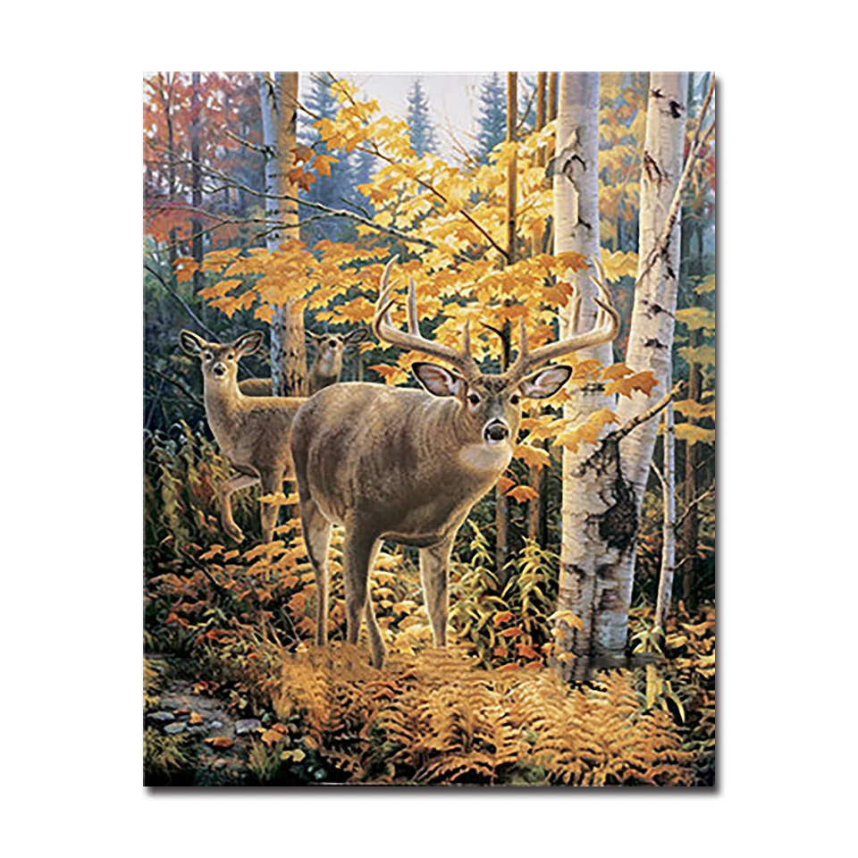 

DIY Digital Oil Painting By Numbers Autumn Forest Deers Canvas Pictures For Living Room Acrylic Coloring Elk Drawing Wall Decor
