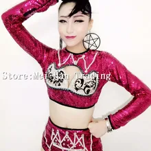 Для женщин джаз танец выросли одежда с Блестками одежда с длинным рукавом Paillete топ с коротким бюстгальтер танцор сценический костюм шоу ночной клуб певица одежда
