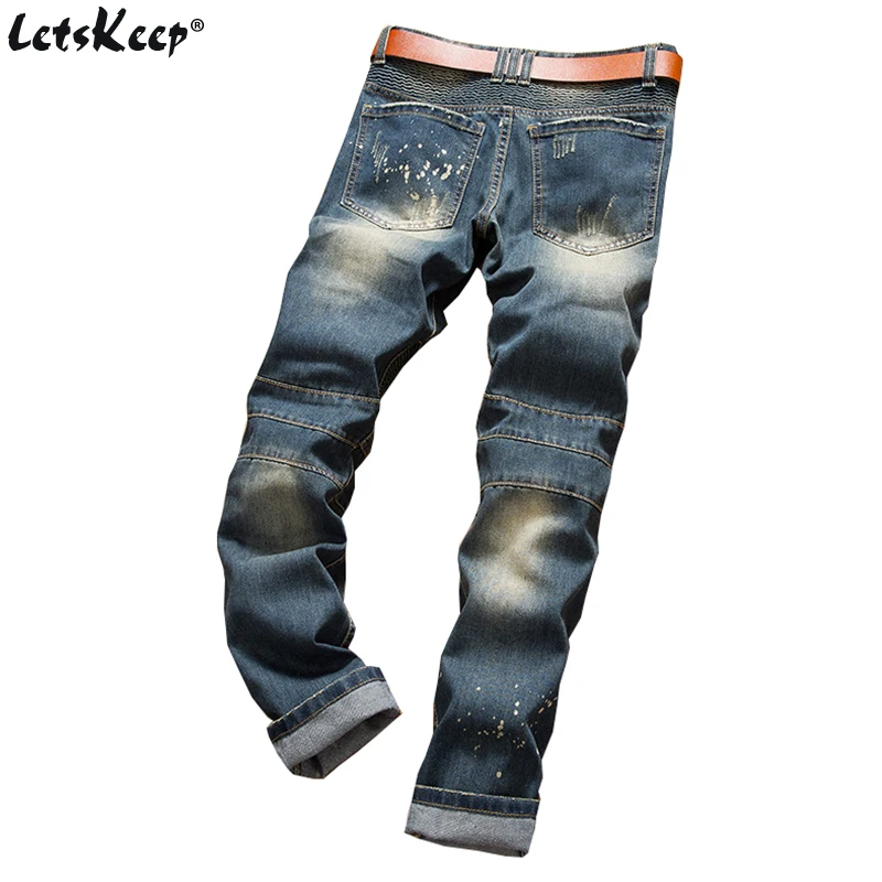 LetsKeep мужские рваные мужские байкерские джинсы с принтом в полоску; обтягивающие джинсы для езды на мотоцикле до колена отверстие рваные джинсы; узкие сапоги, MA396