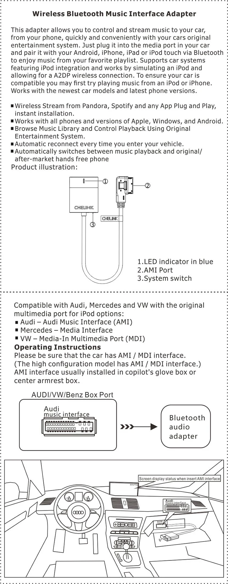 CHELINK автомобильный комплект Музыка Аудио Bluetooth беспроводной приемник для Audi и Benz подходит iPhone X 8 8Plus 7 iPad и Android