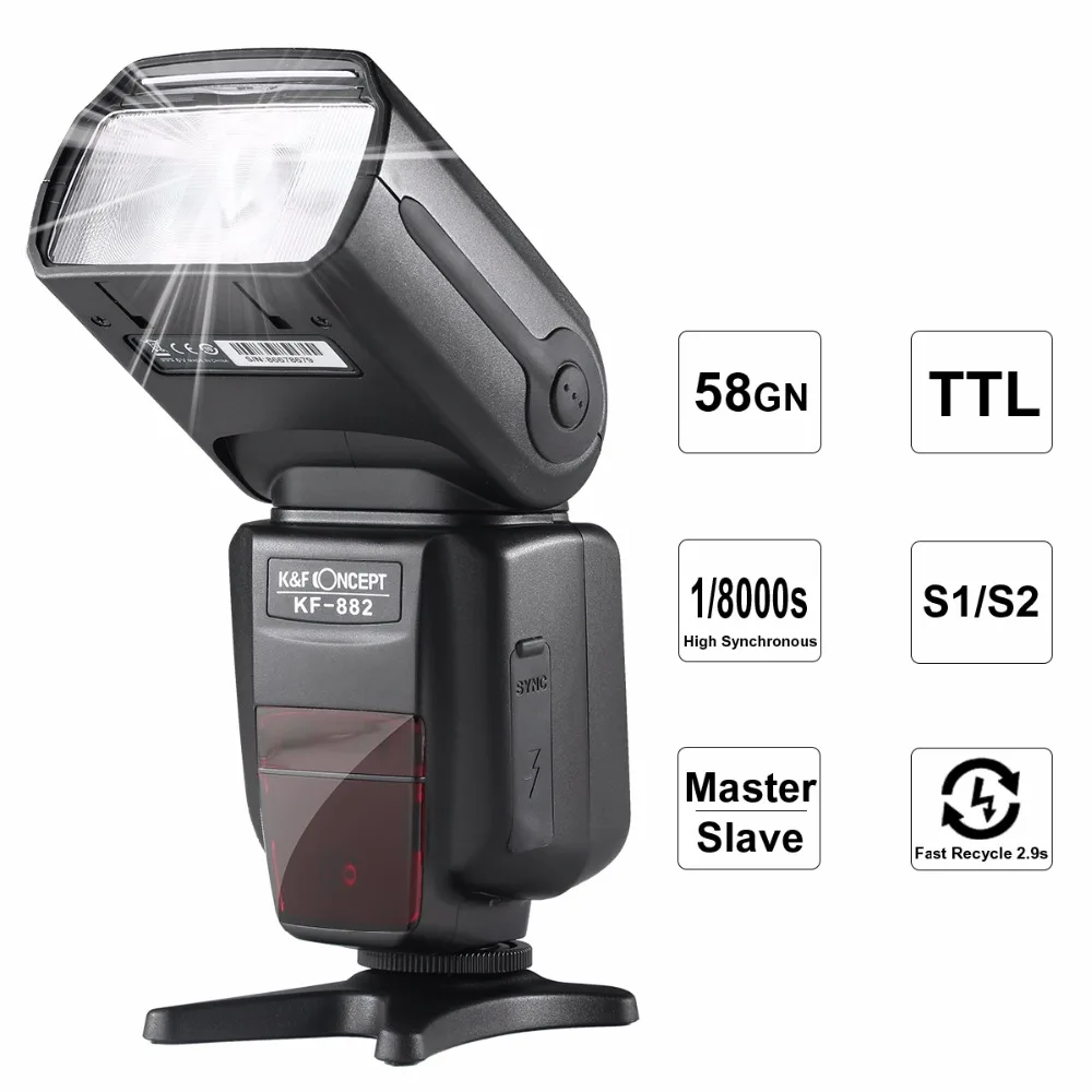 

K&F CONCEPT KF-882 Flash Speedlite e-TTL High Speed Sync HSS 1/8000s GN58 S1 S2 2.9s Recycle Master Slave for Nikon DSLR Camera