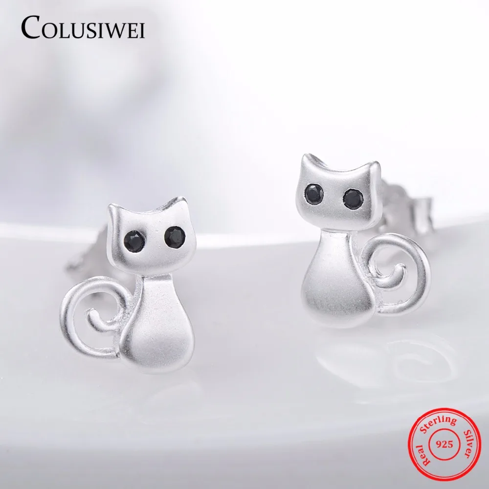 New Lovely Cute Cats Stud Earrings Natural Obsidian Silver 100 925