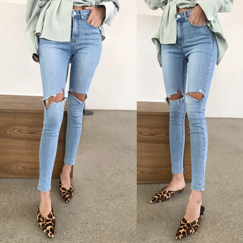 

Spring Summer Light Washed Ripped Holes Women Jeans Denim Skinny Jeggings Cool Pants Capris Casual Female Denim Jeans 2019