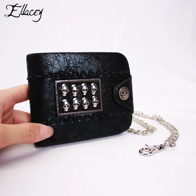 

Punk Style Retro Men Women Ghost Head Wallet Mini Clutch Bag Genuine Leather Chain Card Purse Vintage Rocker Skull Rivets Wallet