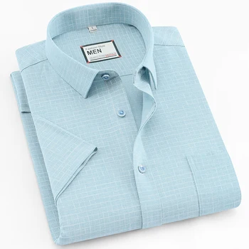

2019 Fashion Mens Short Sleeve Shirts Brand Small Blue Plaid Single Breasted Luxury Mens Slim Hempjes Summer Soft Formal Shirt M