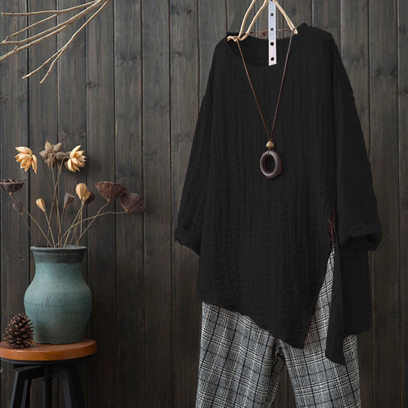 

Plus Size ZANZEA Summer Women Blouse Vintage Half Sleeve Casual Baggy Shirt Left Split Ladies Tops Loose Blusa Feminina Blusas