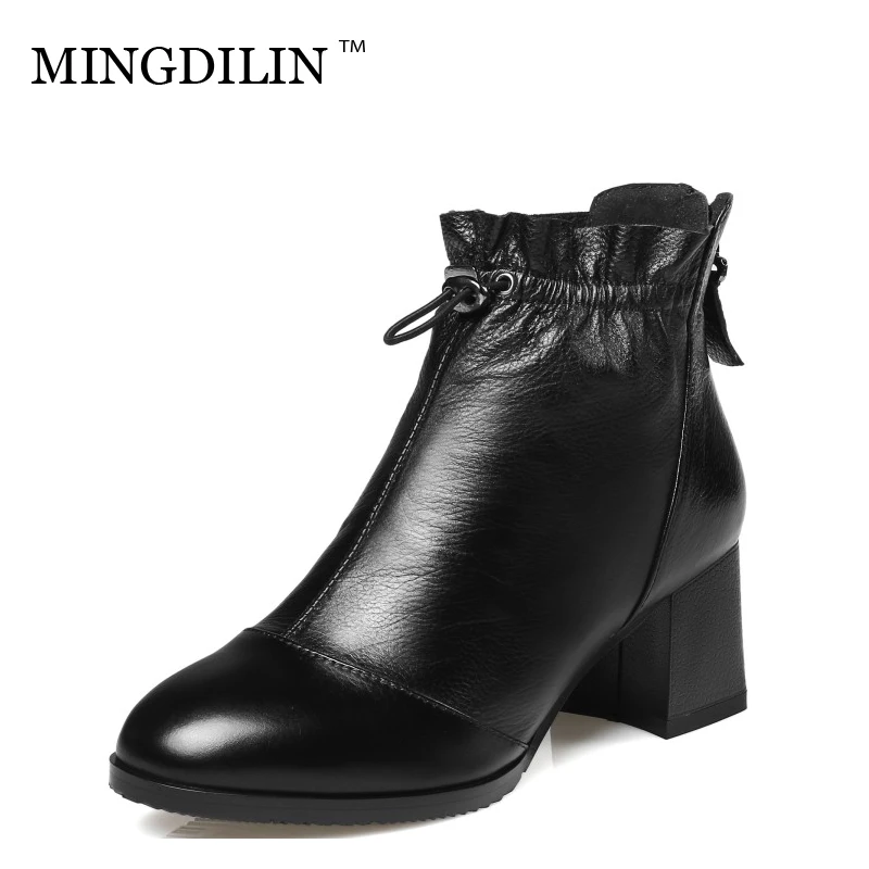 

MINGDILIN Ankle Boots Large Size Zipper Coarse Heel Black Women Shoes Natural Leather Round Head Bandage Short Boots 2018 Latest