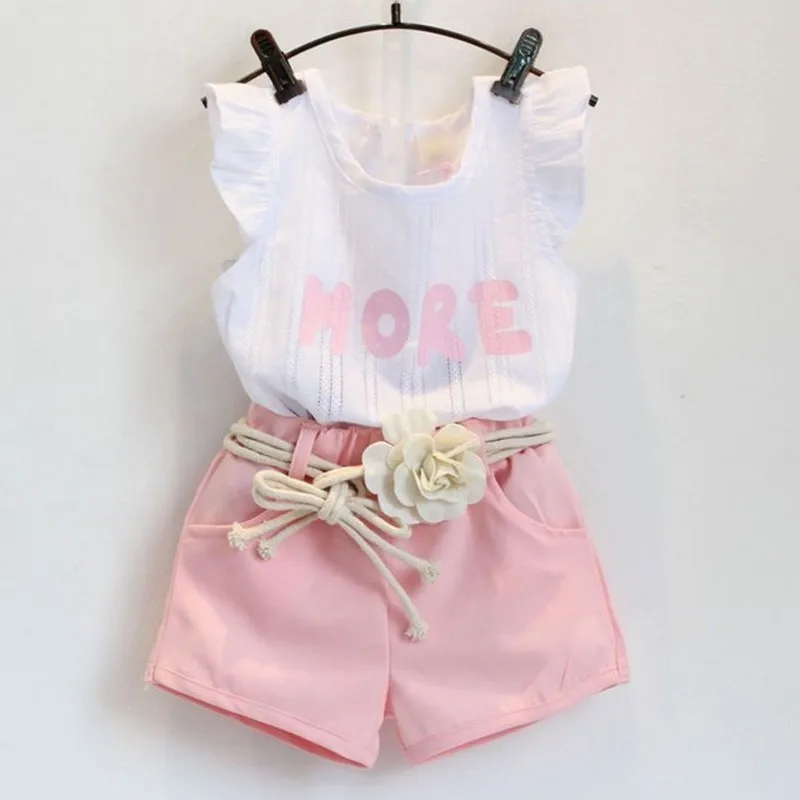 Baby Children Clothes Sets 2018 Girls Fly Sleeve Flower Cotton Shirt + Shorts Summer Set Sport Belt Print Letter Clothes k1 2