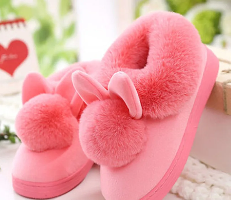 

Drop Shipping Shujin Female Autumn and Winter Cotton Slippers Fur Rabbit Home Warm Thick Bottom Indoor Cotton Shoes 2019