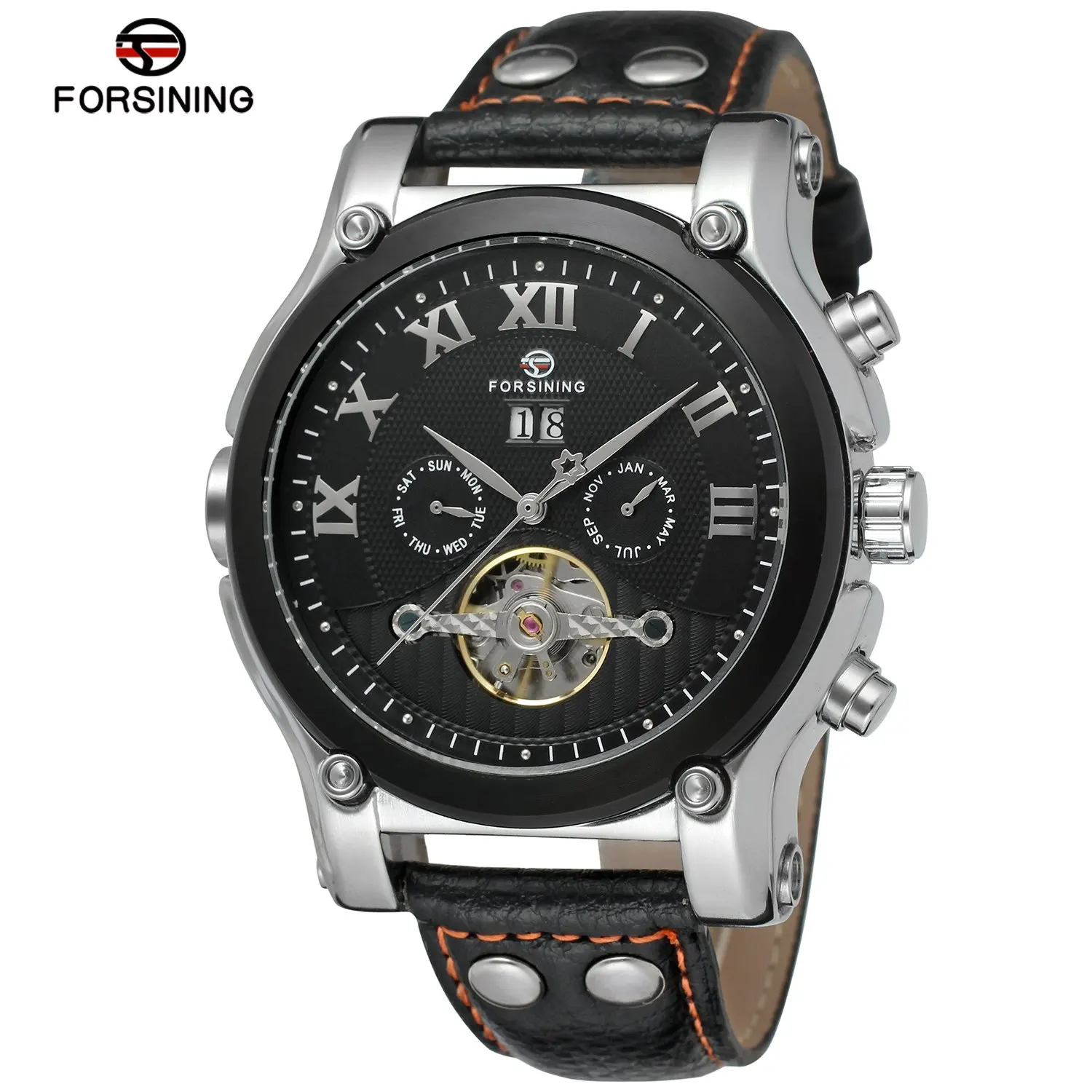 FORSINING Tourbillon Military Mechanical Watch Leather Strap Auto Date