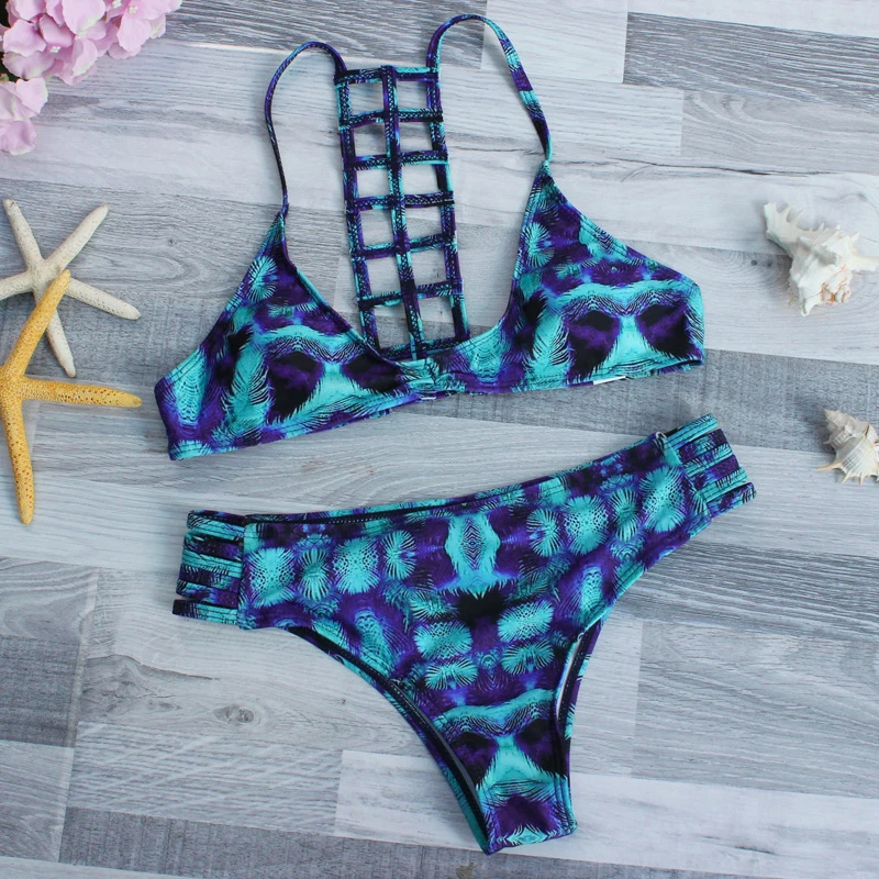 Low Waist Summer Colorful Bikini 2017 New Feather Printed Two Pieces
