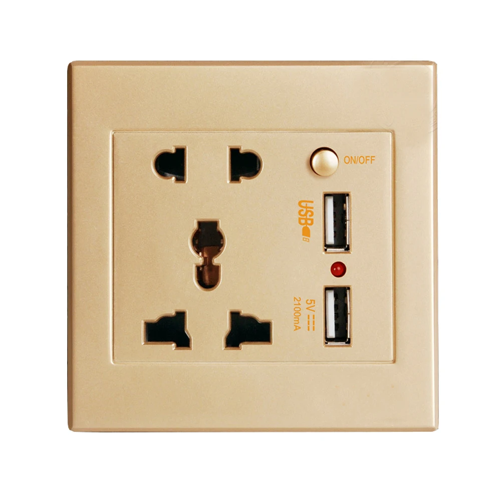 Wall Power Socket Plug Grounded, Universal Gold Electrical Outlet With