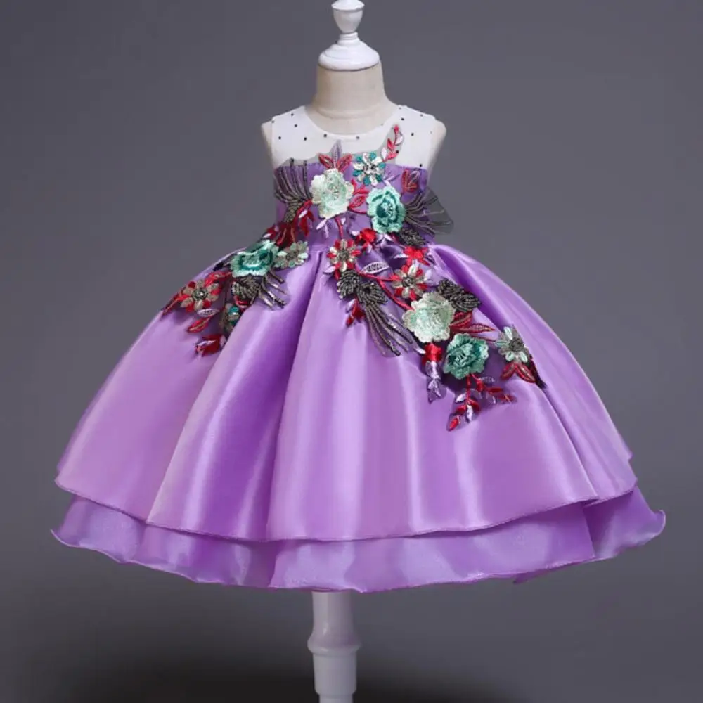 Шелковое платье принцессы с вышивкой для маленьких девочек на свадьбу, вечерние Детские платья для маленьких девочек возрастом от 3 до 10 лет, Рождественская одежда - Цвет: purple