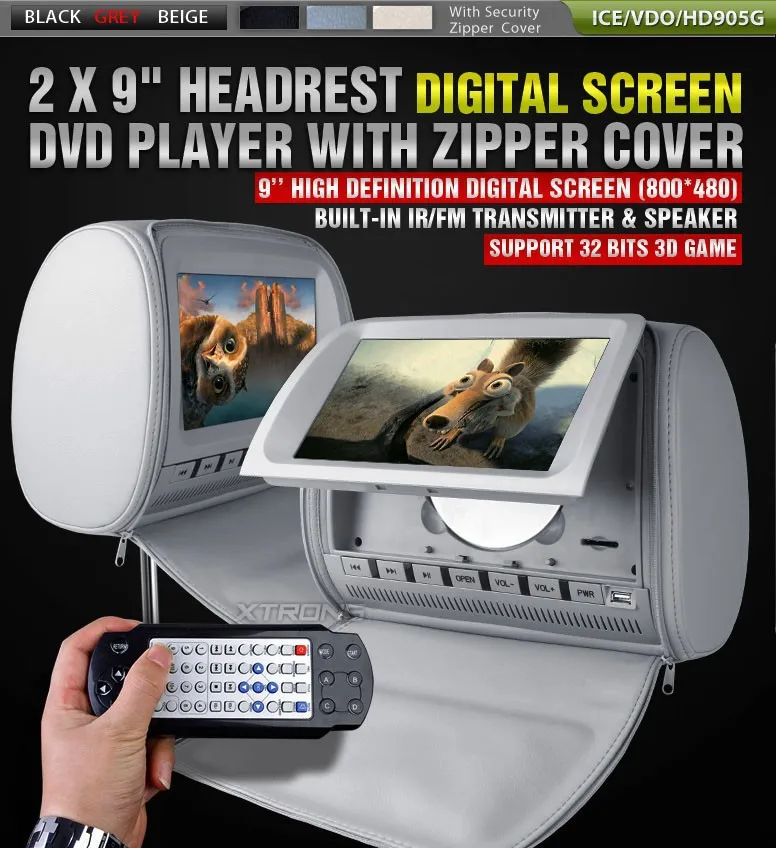 Discount 2x9" Grey Headrest Car DVD Headrest Car Monitor with DVD USB SD FM Transmitter IR Transmitter (Black & Beige Optional) 0