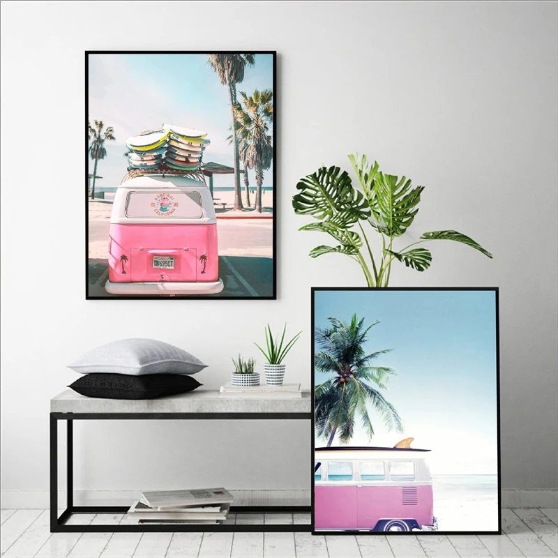 

Beach Coastal Tropical Wall Art Canvas Poster Print Retro Pink Combi for Van VW Photography Painting Pictures Home Wall Decor
