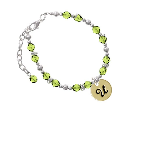 Goldtone Large Disc Letter - U - 3/4'' Lime Green Beaded Bracelet