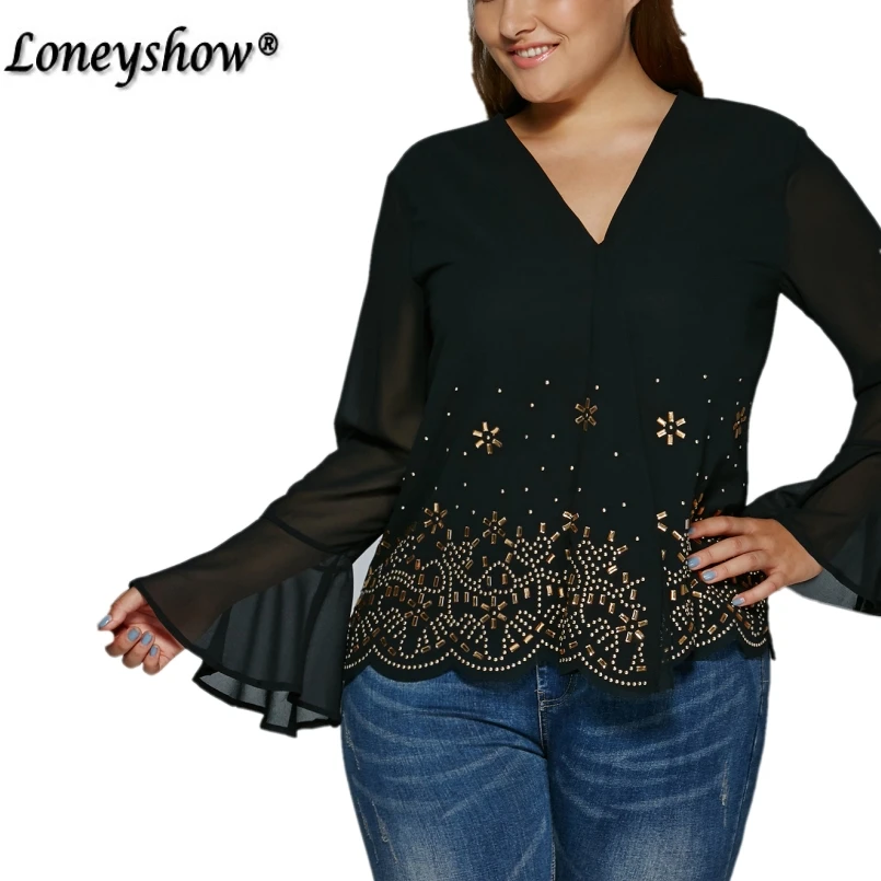 Buy Women Plus Size Tops Black Sequined Long Flare