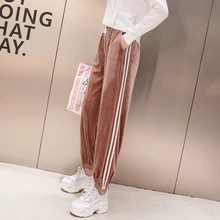 Зимние женские штаны, Корейская уличная одежда, на завязках, с эластичным поясом, в полоску сбоку, бархатные брюки, спортивные штаны, pantalon mujer B296