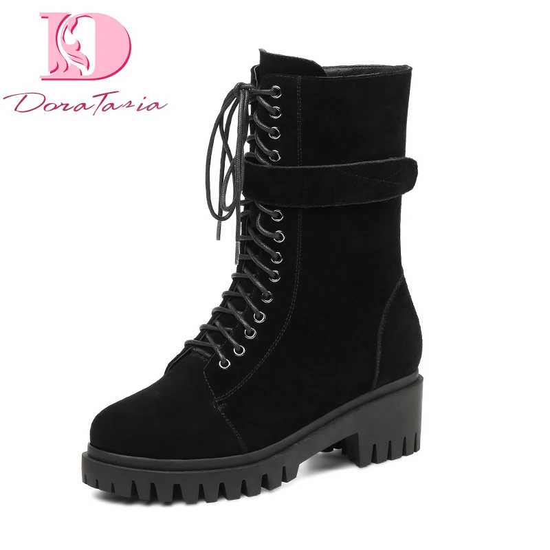 

DoraTasia Brand New Natural Cow Suede Leather women's Boots Shoes Chunky Heels Leisure Street Style Boots Shoes Woman