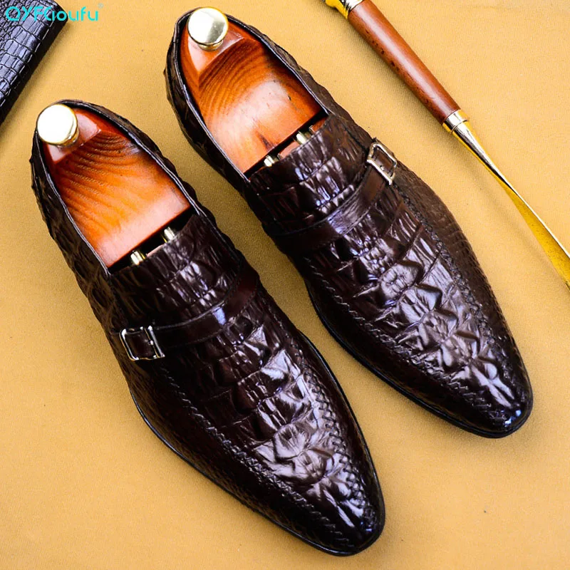 

QYFCIOUFU Italian Buckle Business Formal Dress Men Genuine Leather Formal Dress Flats Crocodile Pattern Oxford Shoes US 11.5