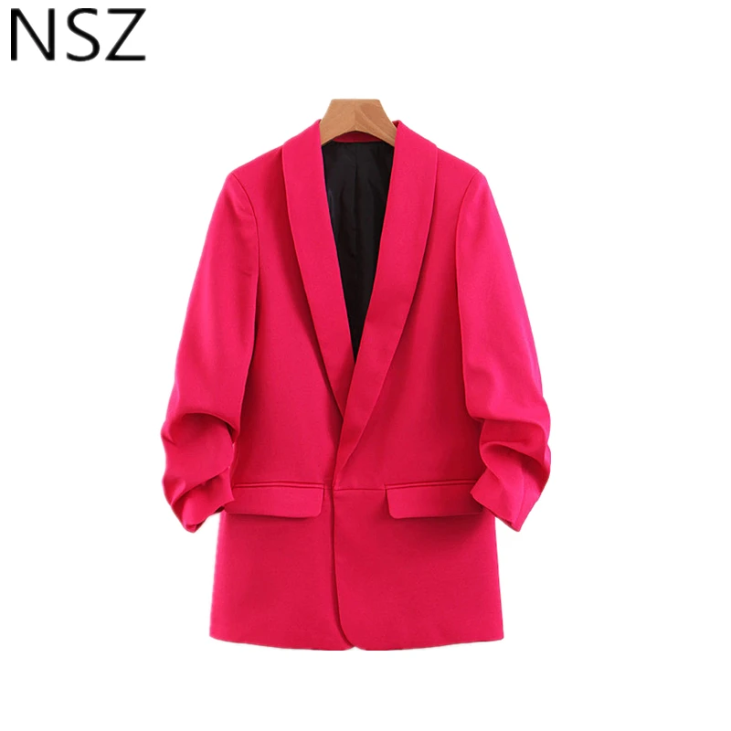 

NSZ Women Elegant Office Blazer Solid Suit Jacket Puff Sleeve None Breasted Work Business Coat Outerwear