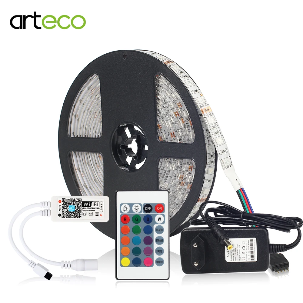 

Mini Wifi RGB LED Strip With 24Key Remote Control 5M/lot 60LEDs/m And 3A Adapter By Smartphone Wireless WIFI Control Diode Tape