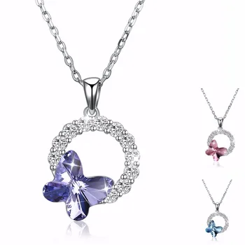

WARM COLORS Crystal From Swarovsk 925 sterling silver Women Butterfly Pendant Necklace Fine Jewelry Inlaid Zircon Round Circles